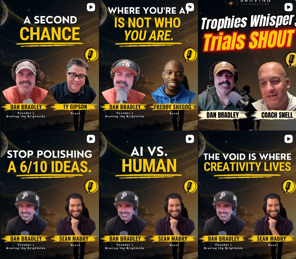 Six thumbnail images for a podcast series with a space background. Each features two men wearing headphones and microphones, with bold text overlays. The series discusses topics like second chances, self-awareness, awards, ideas, AI versus human, and creativity.