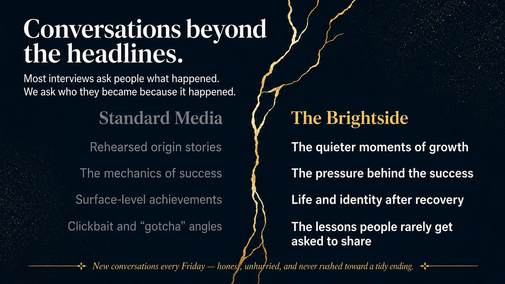 Comparison of 'Standard Media' and 'The Brightside' approaches to storytelling, highlighting different focus areas and themes.
