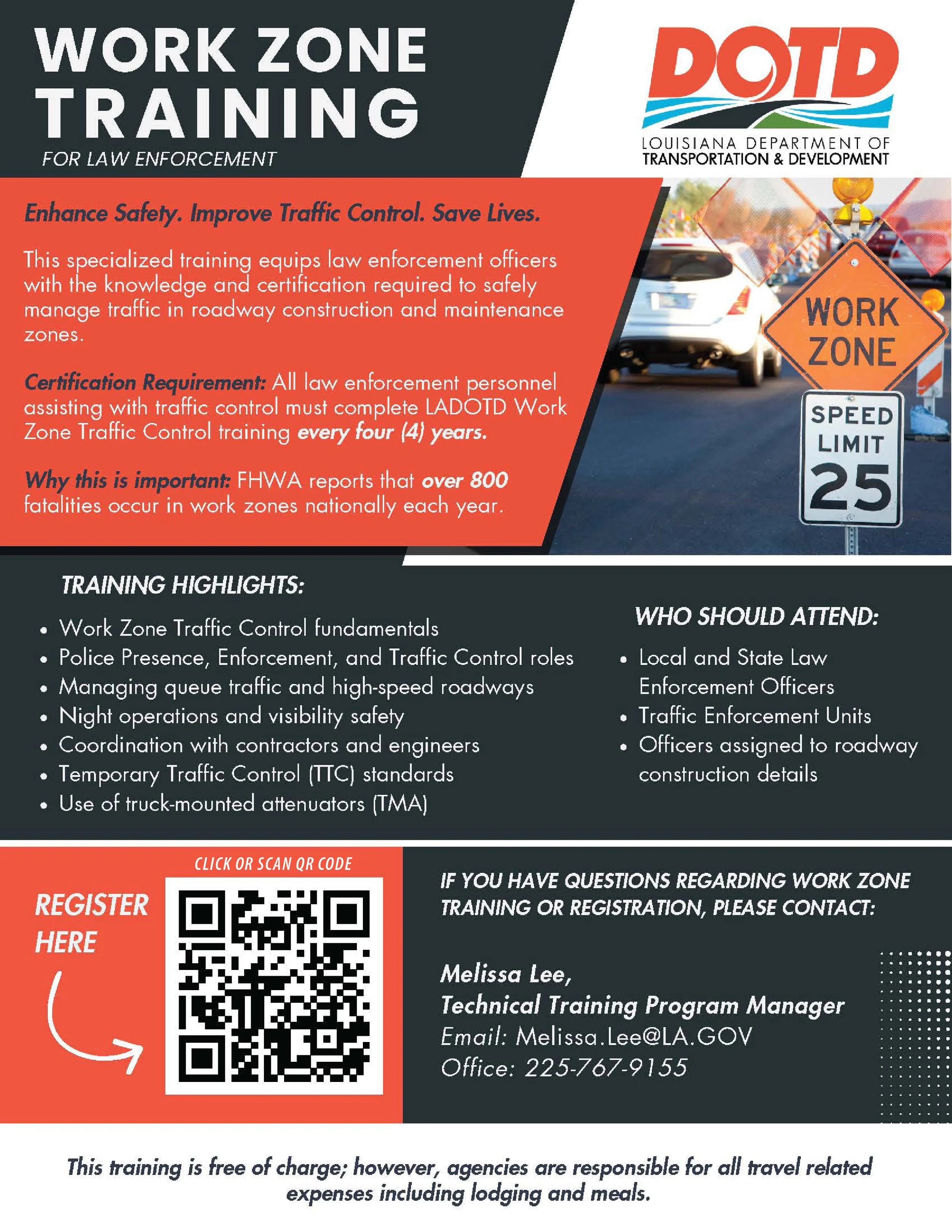 Flyer for Louisiana Department of Transportation and Development work zone training, emphasizing safety, traffic control, and lifesaving.