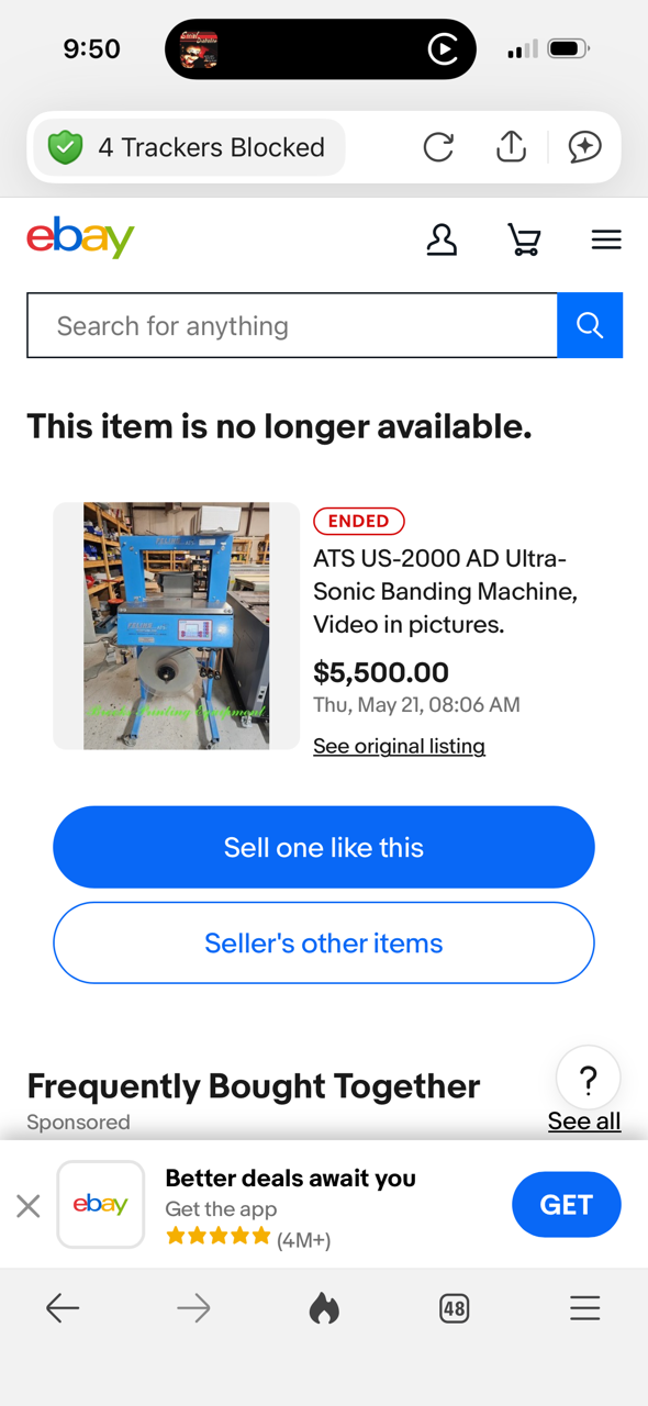 eBay listing page showing a discontinued ATS US-2000 AD Ultra-Sonic Banding Machine, sold for $5,500, with a photo of the machine in a workshop.