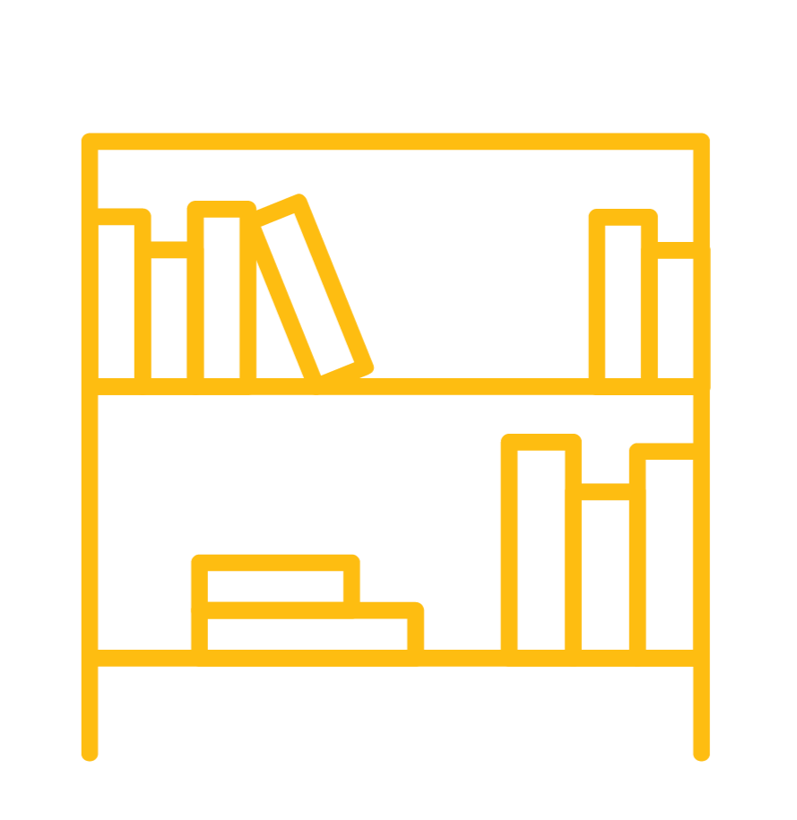 Minimalist yellow line drawing of a bookshelf with books on black background.