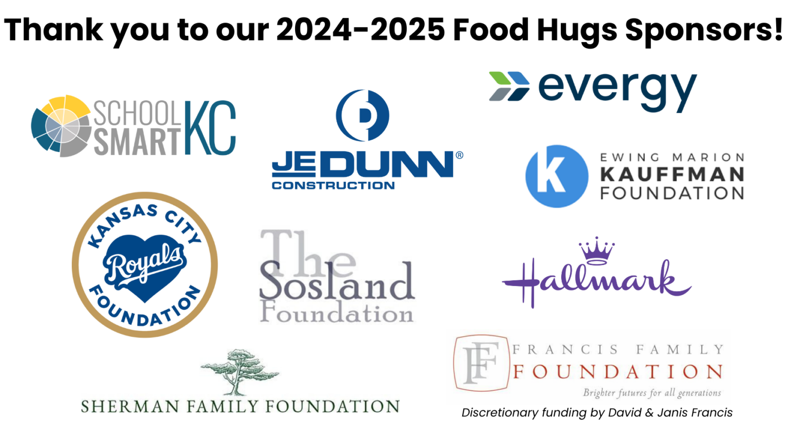 Logos of various sponsors thanking for 2024-2025 Food Hugs sponsorships, including School Smart KC, JE Dunn Construction, Evergy, Ewing Marion Kauffman Foundation, Kansas City Royals Foundation, The Sosland Foundation, Hallmark, Sherman Family Foundation, and Francis Family Foundation.