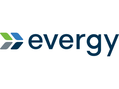 The logo of Evergy with three stylized arrow shapes in green and blue followed by the word 'evergy' in lowercase navy blue letters.