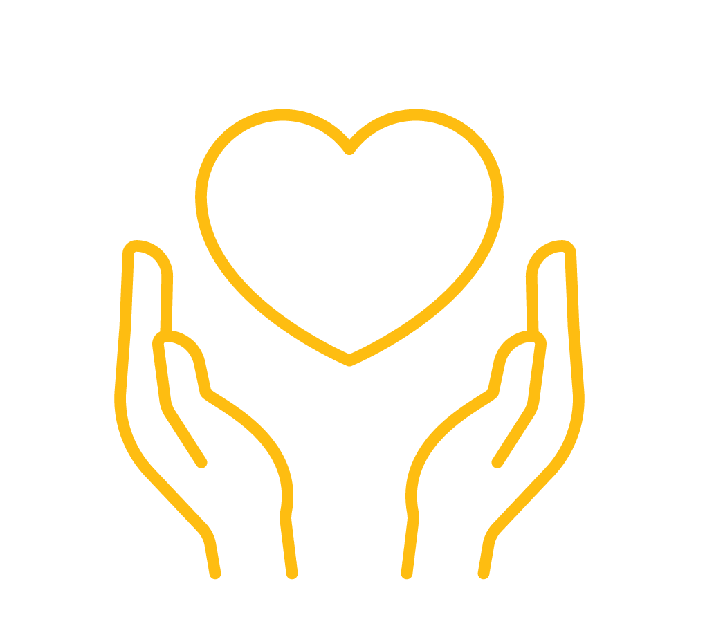 Yellow outline drawing of two hands holding a heart against a black background.