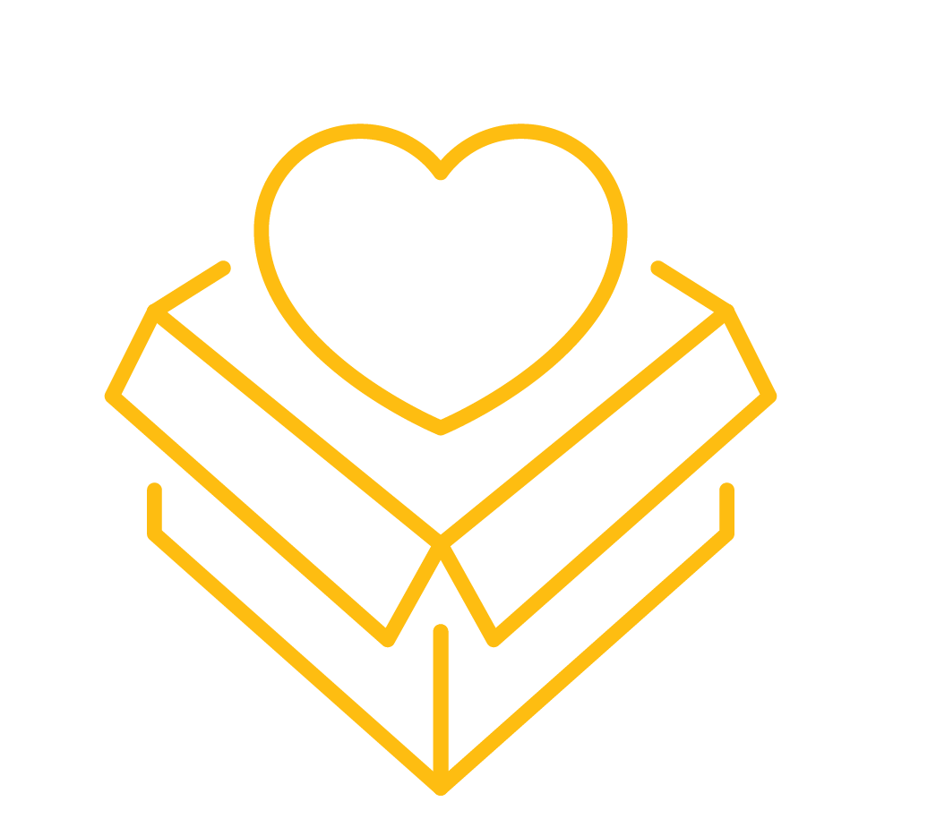 A yellow outline of a box with it's lid open and a heart above it, on a black background.