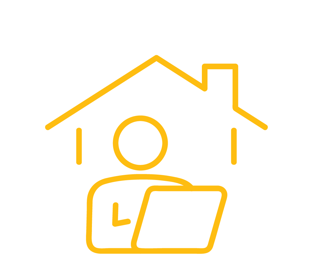 Outline icon of a person working on a laptop with a house above them.