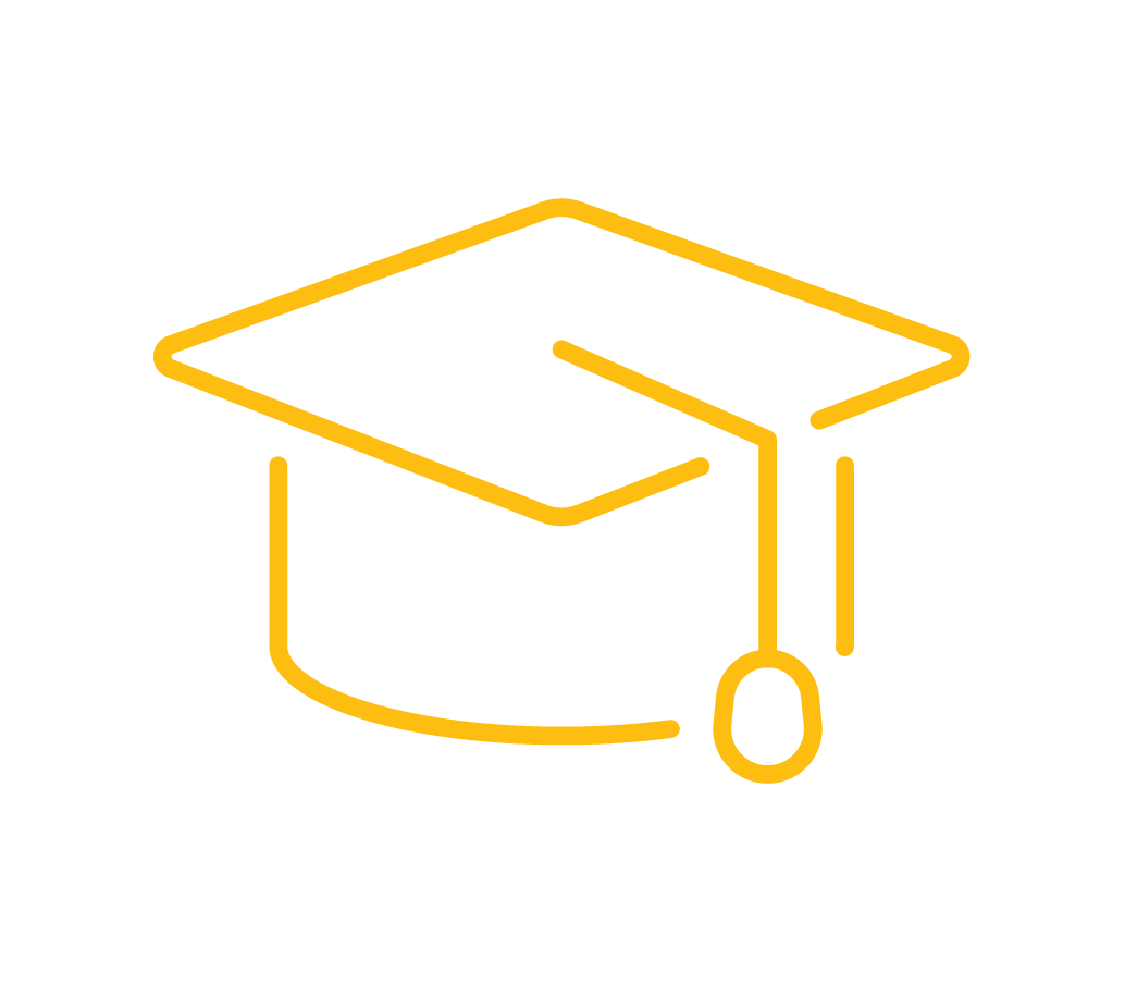 Line drawing of a graduation cap with a tassel in yellow.