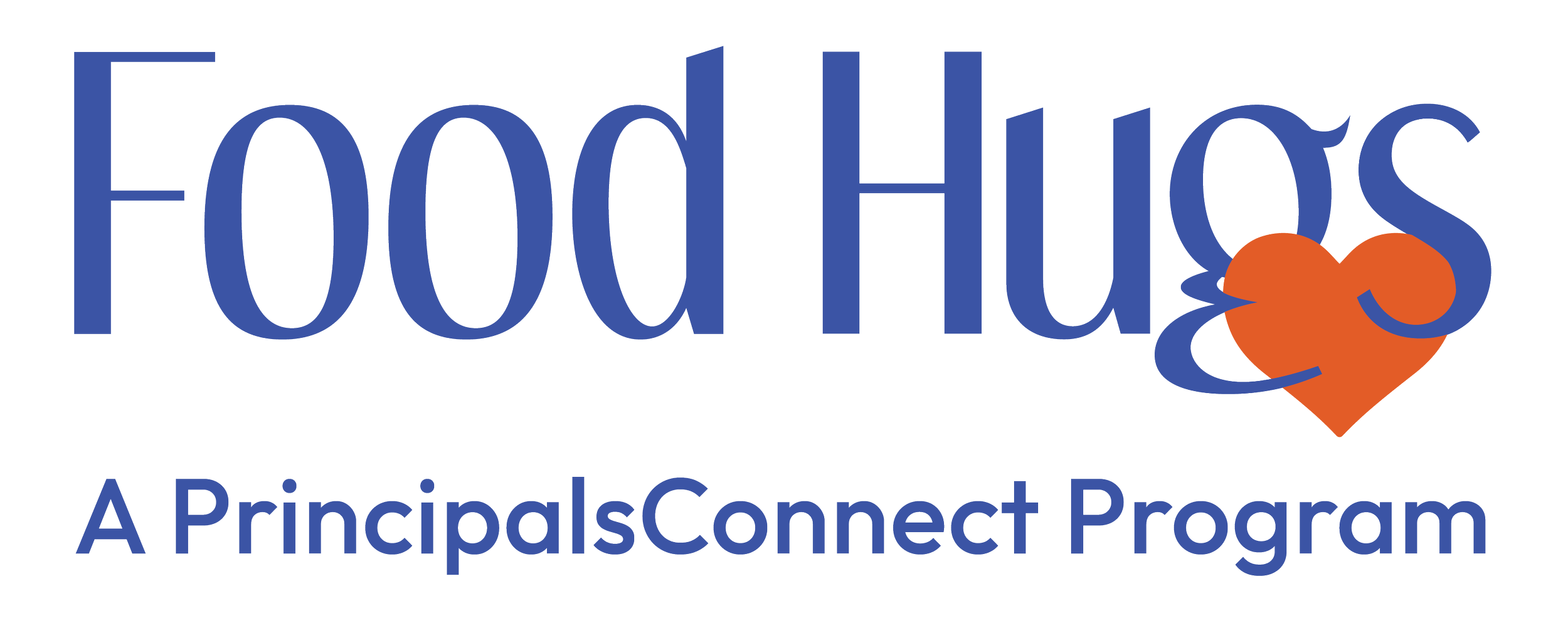 Logo for FoodHucs, a PrincipalsConnect Program, with the text 'FoodHucs' in blue and an orange heart with a smiley face, and the subtitle 'A PrincipalsConnect Program' in blue.