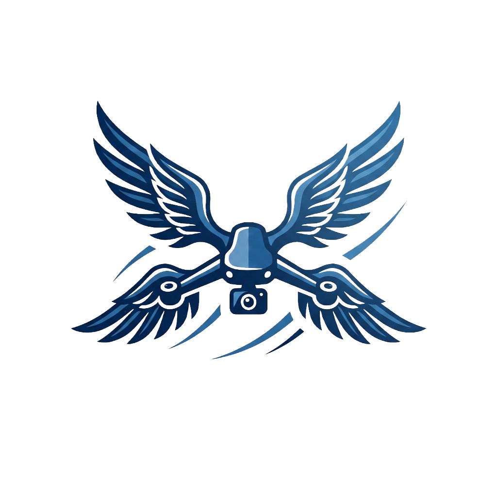 A logo featuring a drone with metallic blue wings spread out, with the words 'SkyFly Drone' beneath it.