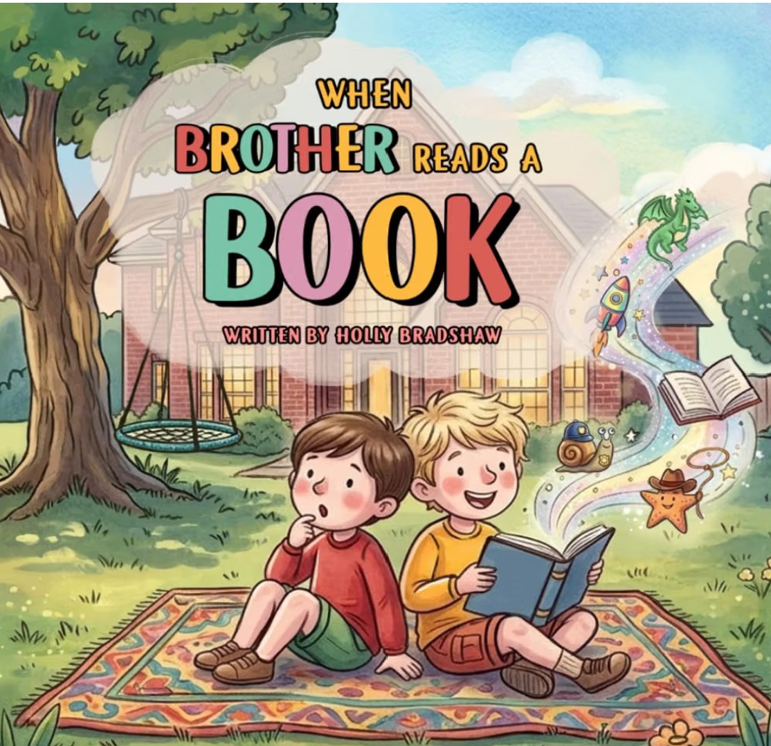"When Brother Reads a Book" Cover, Two brothers sitting back to back in front of a red brick house. Older brother has a book open with fantastical characters swirling out of the book