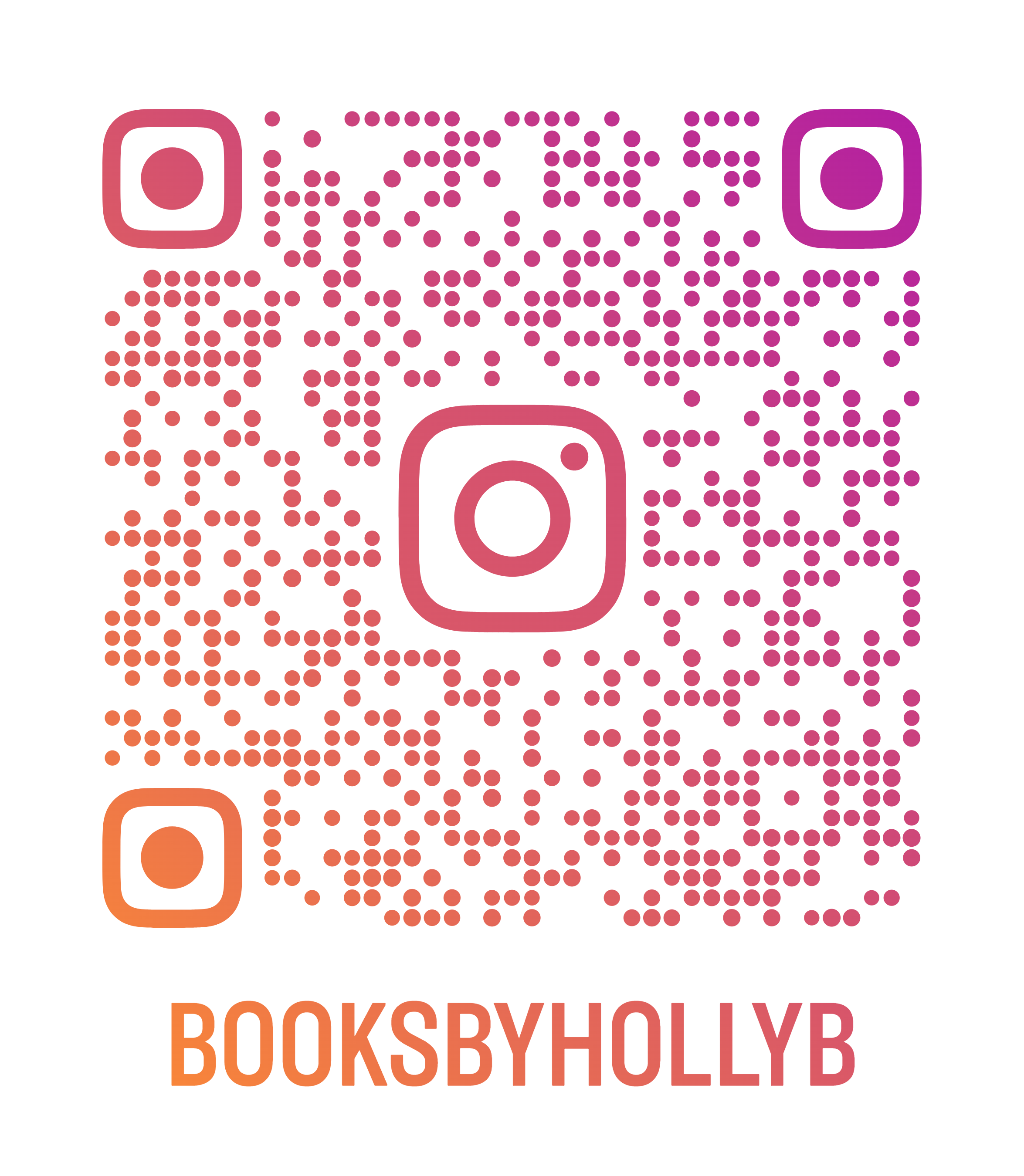 A colorful QR code with a gradient of pink, purple, and orange, accompanied by the text "BOOKS By HOLLY" in bold, orange letters.