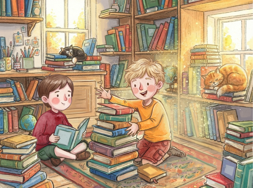 Two children in a cozy, sunlit library surrounded by shelves of colorful books. One boy with blonde hair is happily stacking books, while a girl with dark hair is sitting on the floor reading. Two cats, one black and white and one orange, are relaxing on the bookshelves.