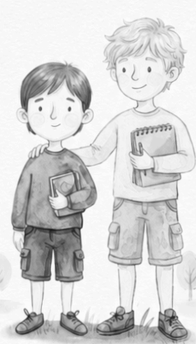 Two boys standing outside, one with his arm around the other's shoulder. Both are holding notebooks and smiling at each other.