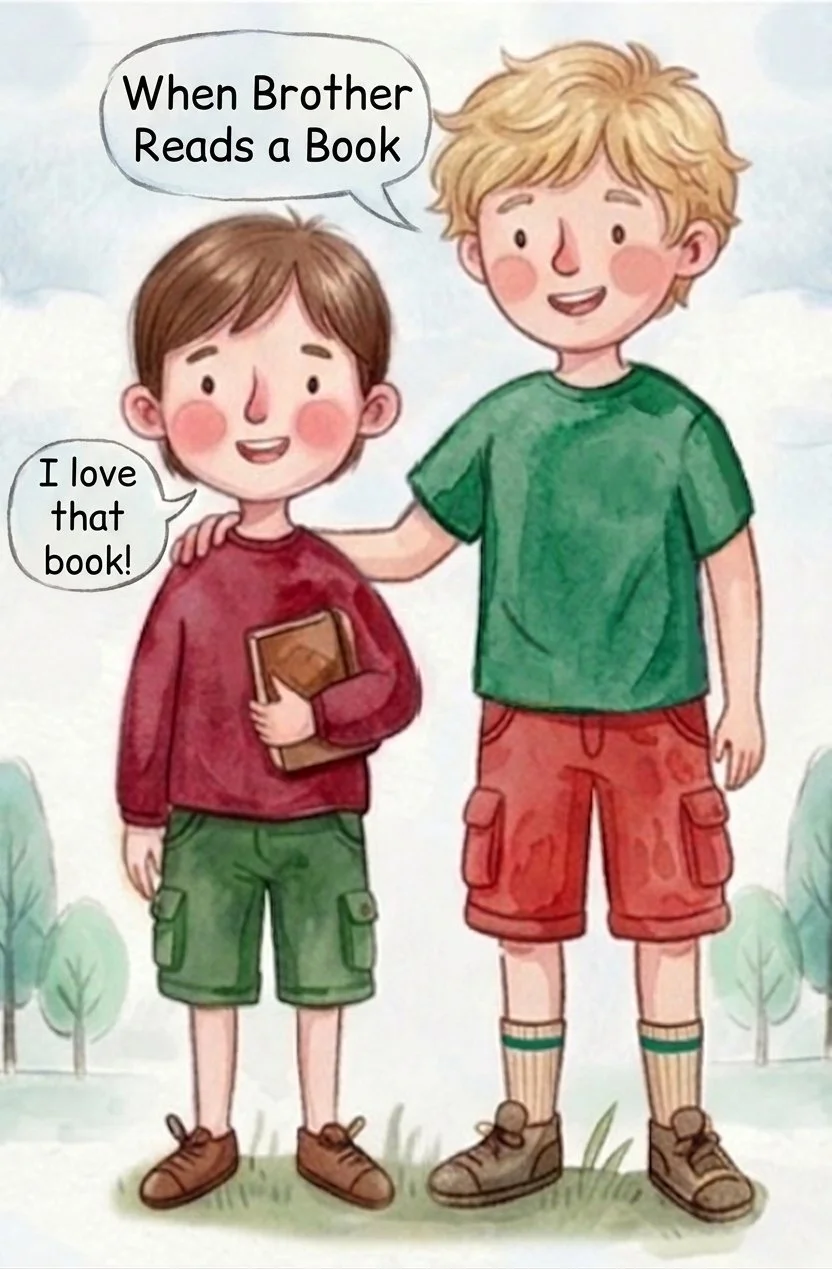 Brother says "When Brother Reads a Book" and the other brother says "I love that book!"