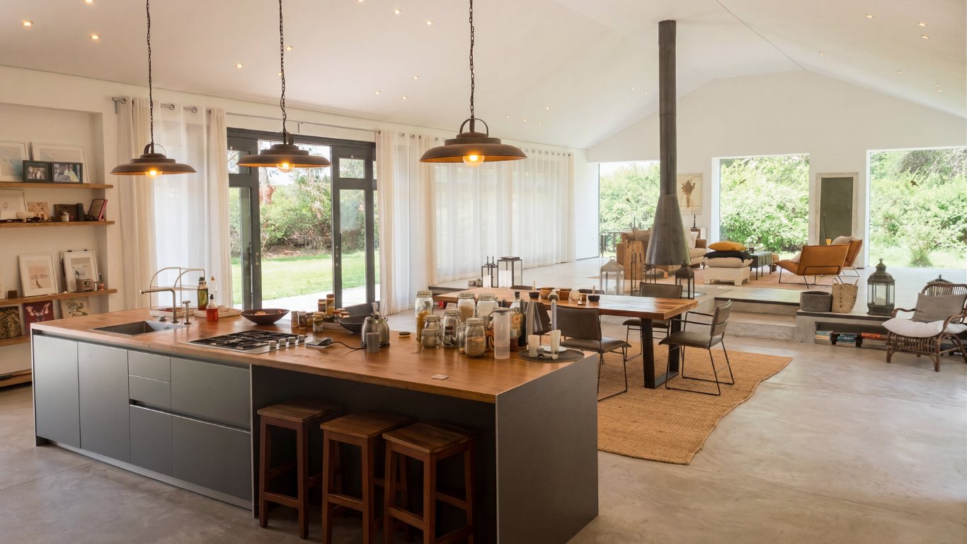 Open-concept living and kitchen area with modern decor, large windows, a kitchen island with jars and supplies, and a cozy seating area with chairs and a fireplace.