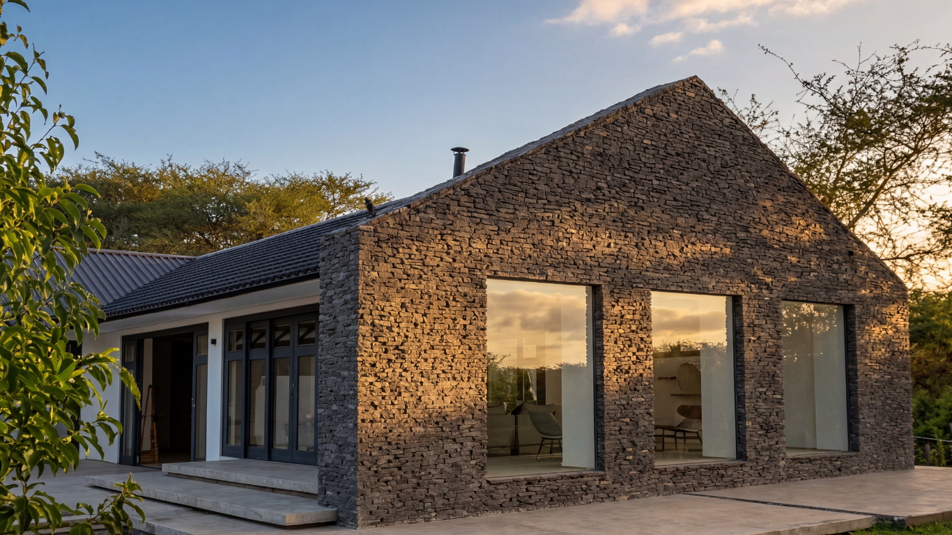 Modern house made of stone and glass with large windows and a dark tiled roof, surrounded by trees, during sunset.
