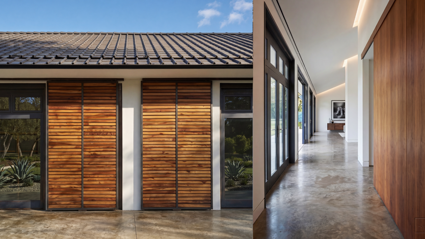 Split view of a modern house showing an exterior with wooden shutters and a tiled roof on the left, and an interior corridor with large glass doors, polished concrete flooring, and wooden wall paneling on the right.