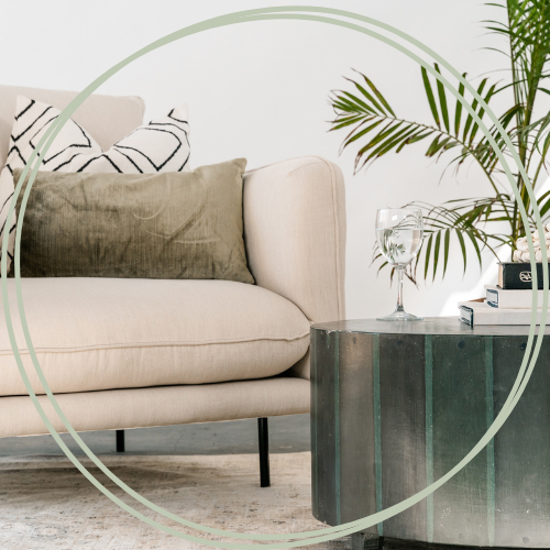 Living room with beige sofa, green pillow, decorative black and white pillows, glass of water on a dark round table, and large green houseplant.