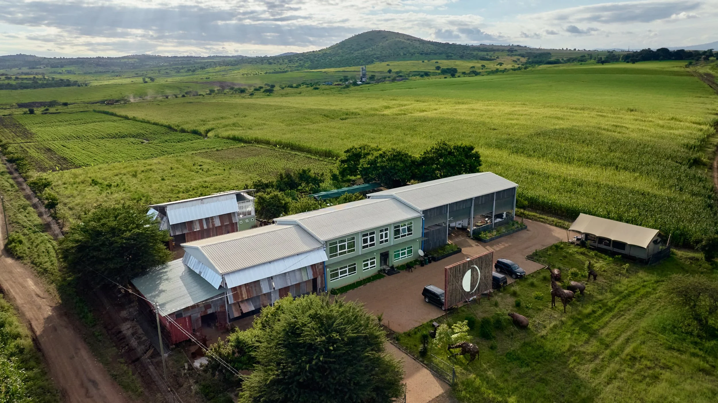 Aerial view of a farm with green fields, a few buildings, and a mountain in the background on a cloudy day.