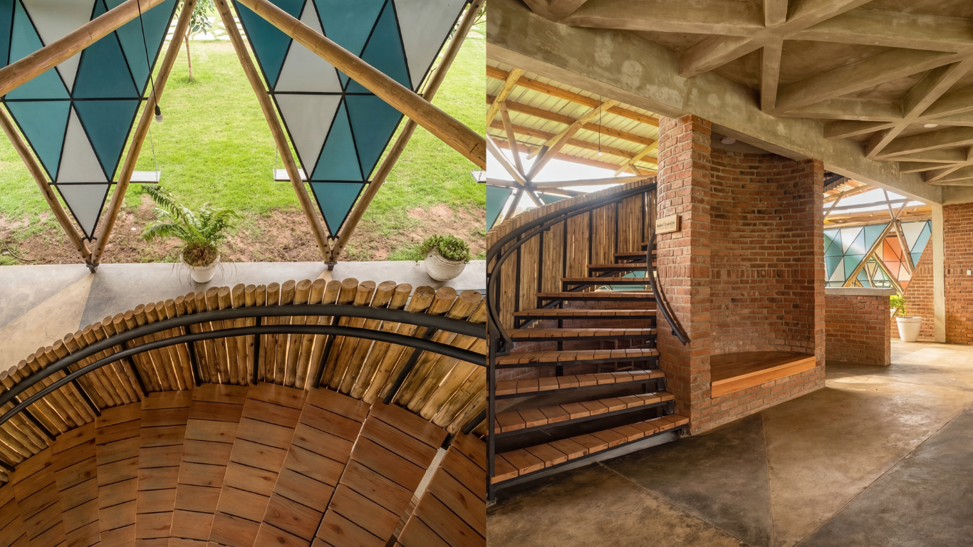 The left side shows a geometric glass window structure with wooden supports and potted plants in front. The right side shows a staircase with brick walls and a concrete ceiling in a modern interior space.