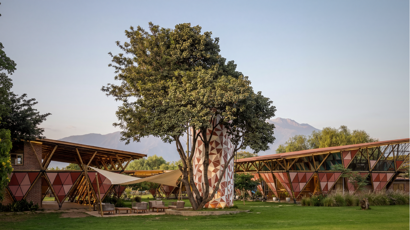Modern building with triangular patterns and a large tree in foreground, mountain in background, clear sky.