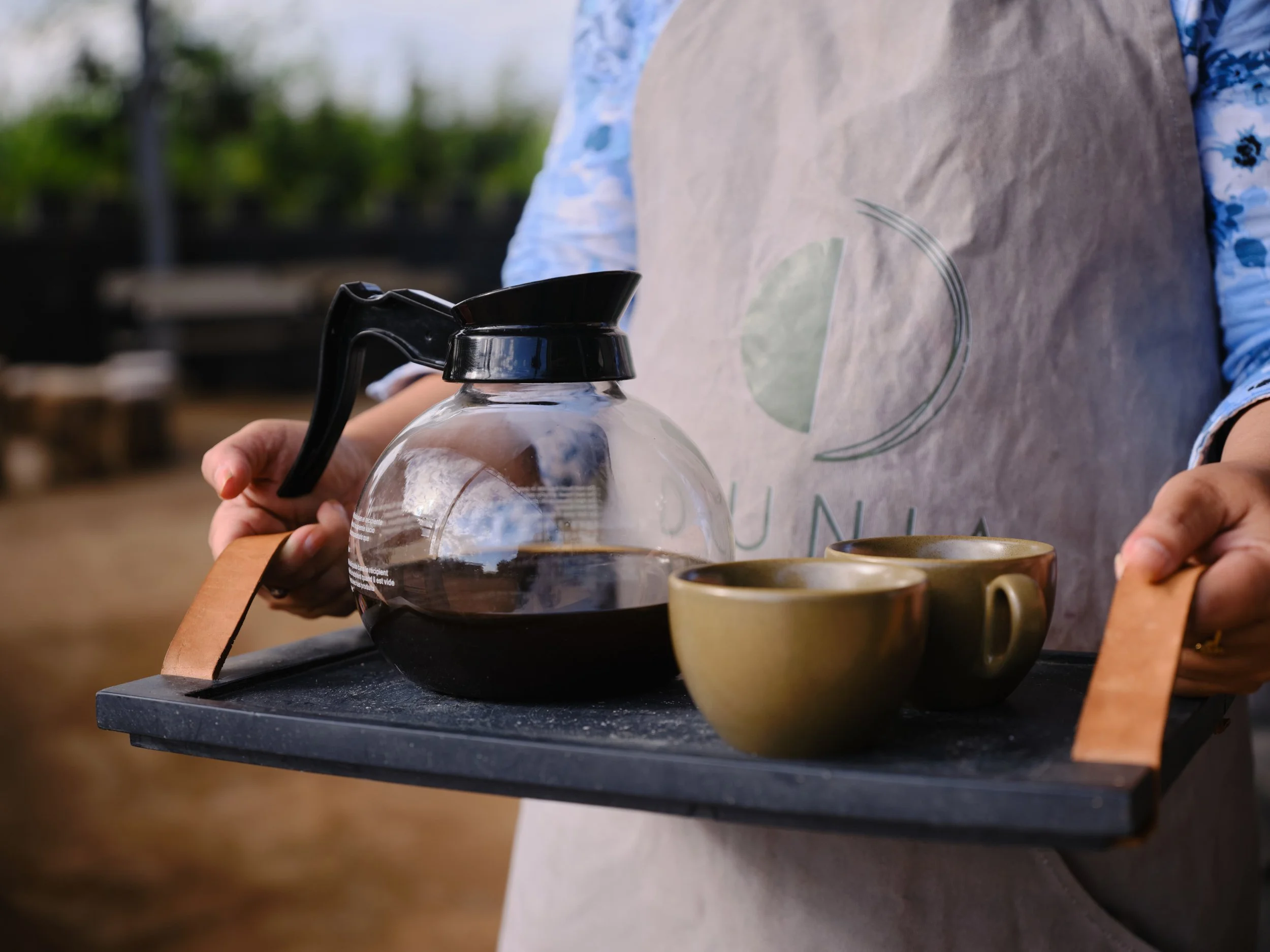 Person carrying coffee in a glass pot and a beige cup on a black serving tray. The person is wearing a light-colored apron with a the Dunia logo and a blue patterned shirt underneath. There are blurred green plants in the background.