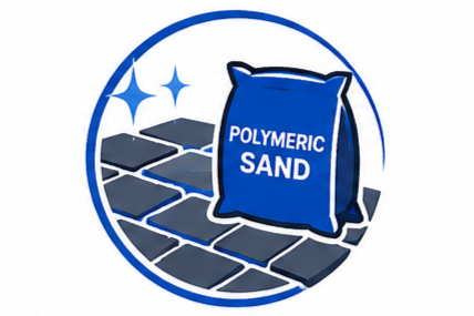 A logo featuring a bag labeled "Polymeric Sand" and paving stones, with sparkles around them.