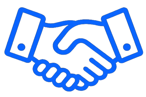 Blue line drawing of a handshake between two people
