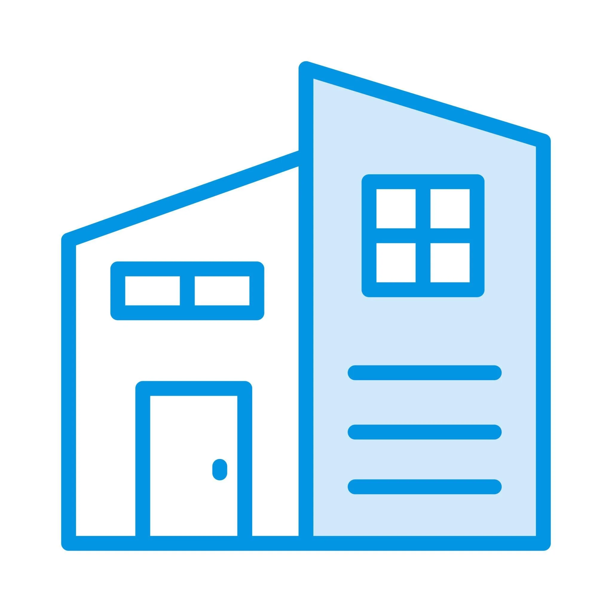 Graphic of blue outline houses with windows, part of a line drawing.