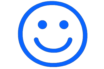 Blue smiley face icon with a circular outline, two eyes, and a smiling mouth.