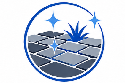 A logo with a grid of tiles, a small plant, and sparkles, enclosed in a circle.
