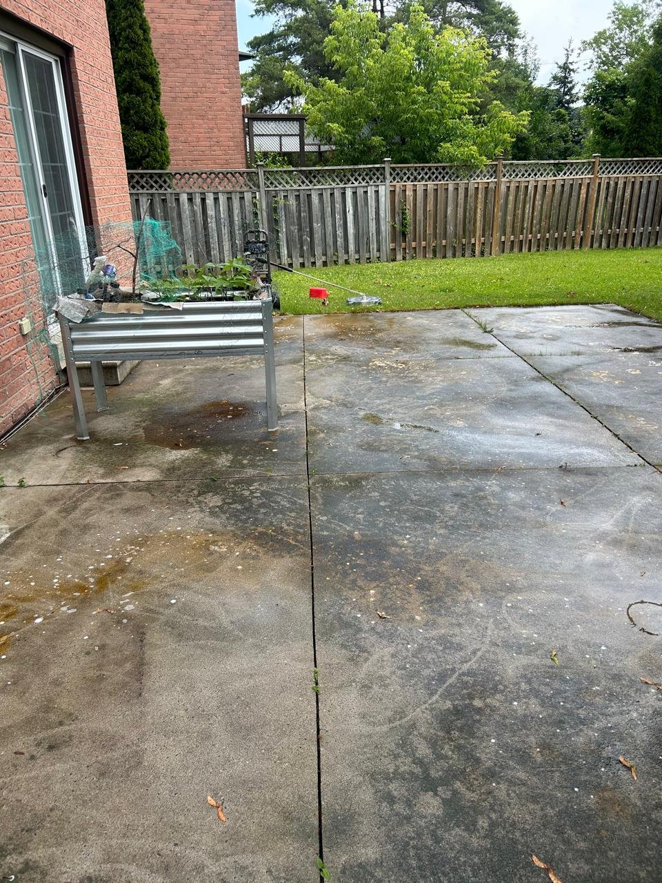 The image shows a backyard patio area with wet, stained concrete flooring, a raised garden bed with plants, a lawn, and a wooden privacy fence. A red and black string trimmer is lying on the ground near the fence. There are wet patches and small patches of grass growing through the cracks in the concrete.