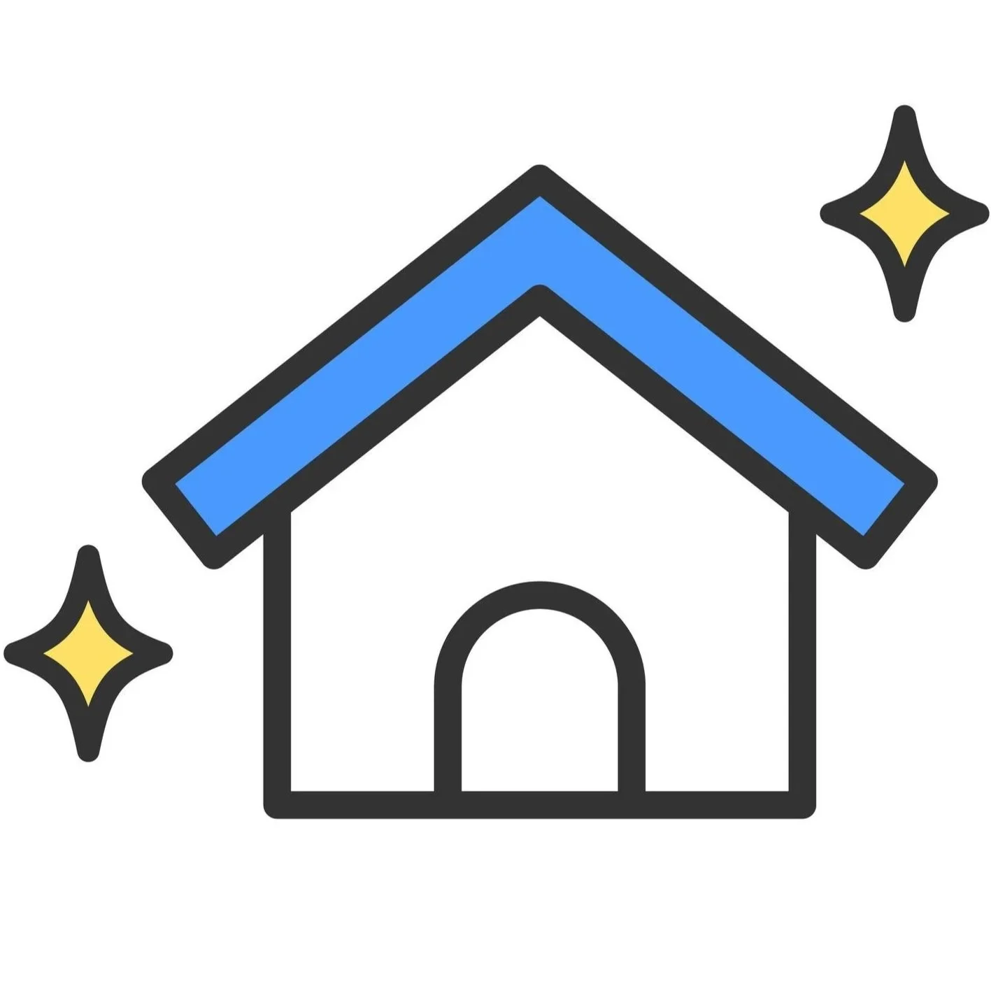 Simple illustration of a doghouse with a blue roof, surrounded by two yellow sparkles, indicating cleanliness or newness.