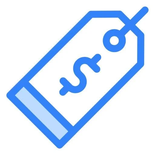 Blue dollar price tag icon with a price dollar symbol in the center.