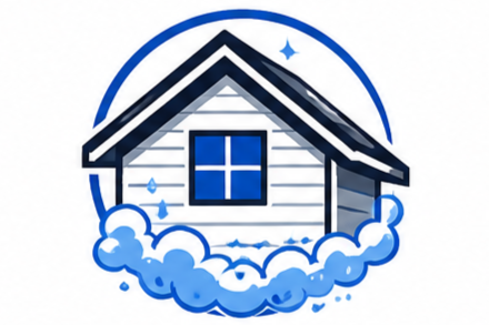 Cartoon depiction of a cozy house surrounded by snow with a snowflake and star in the background.