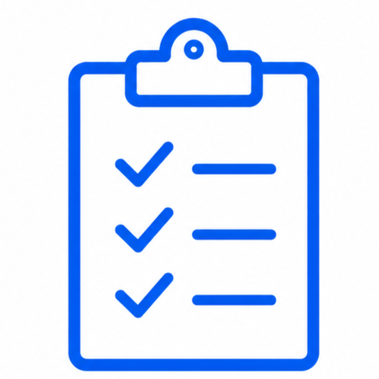 Blue checklist icon with three checkmarks on a clipboard.