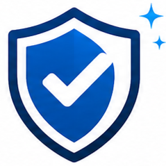 Blue shield with a white check mark and sparkling stars