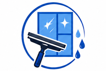 An illustration of a window with water drops and a sparkle, surrounded by a circle, with a squeegee in front of the window.