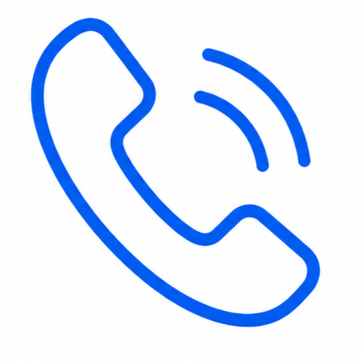 Blue outline of a telephone receiver with sound waves indicating a call.