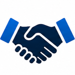Graphic of two hands shaking with blue sleeves.