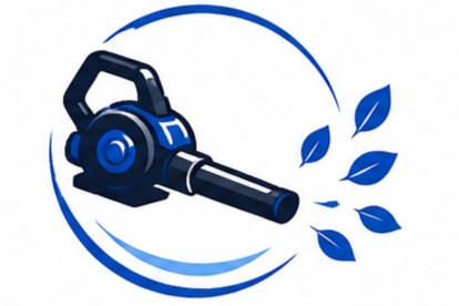 A power leaf blower with blue leaves blowing out of its nozzle against a white background.