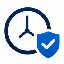 A clock with a blue shield featuring a white check mark in front of it.