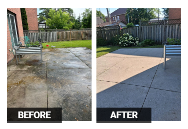 Side-by-side comparison of a backyard patio before and after cleaning, showing a dirty, stained concrete surface in the 'before' image and a clean, bright surface in the 'after' image, with a wooden fence and garden plants in the background.