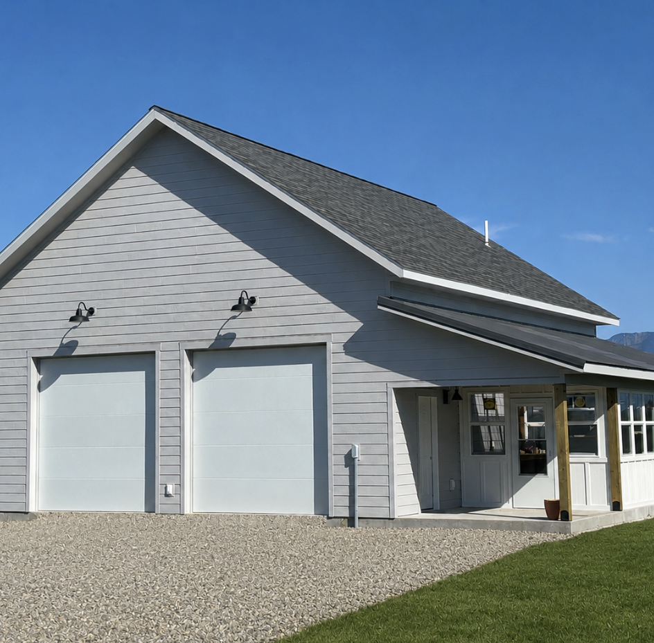 A modern house with a gray garage door, white siding, and a sloped roof under a blue sky.