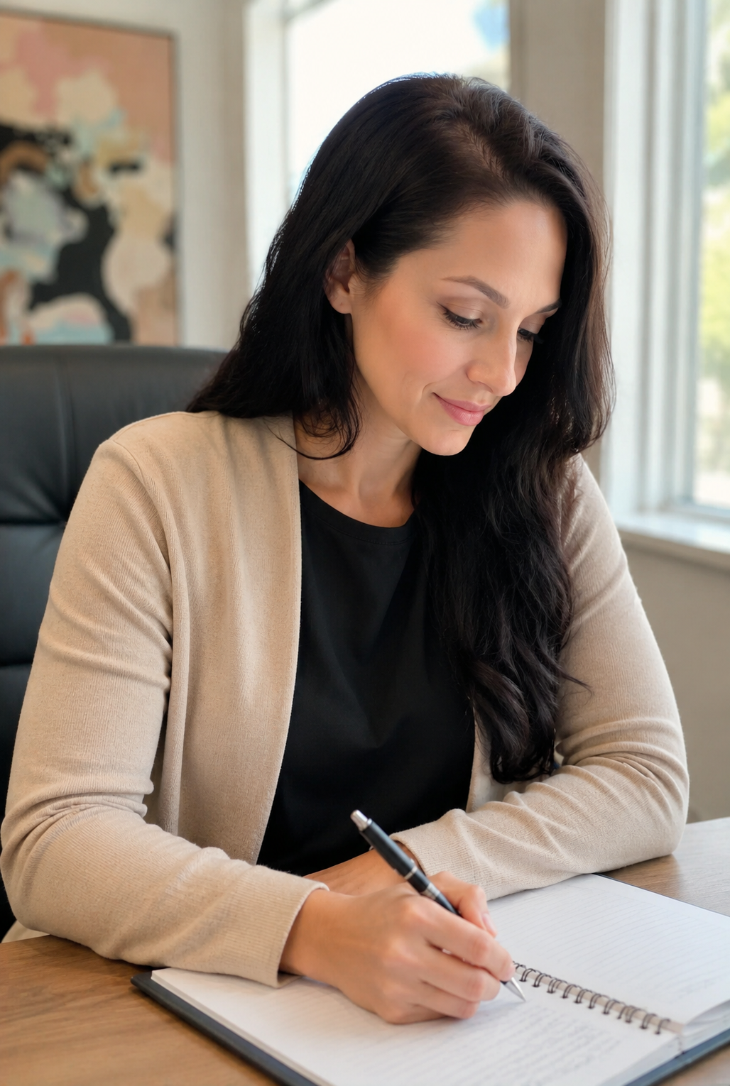 A woman with long dark hair sitting at a desk, writing in a notebook, with a window and a blurred abstract painting in the background.