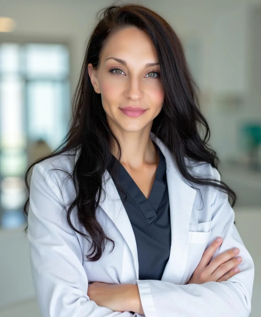 A woman with long dark hair and light skin wearing a white lab coat and black top, standing with arms crossed in a medical or laboratory setting.