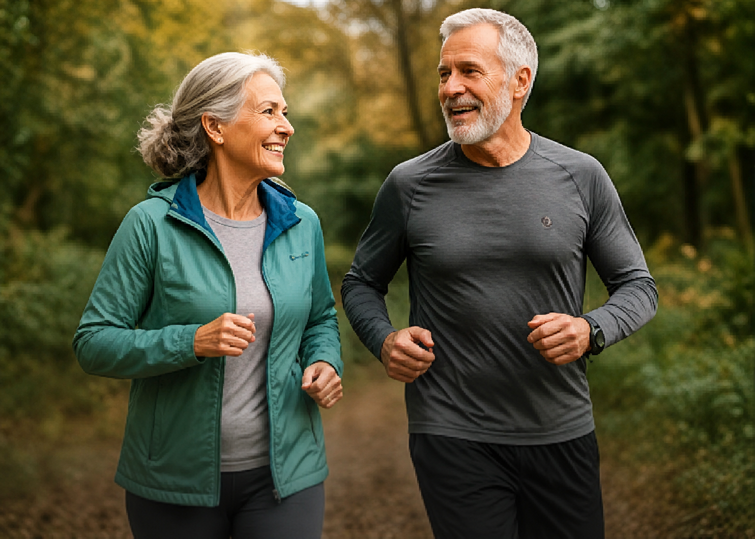 An elderly man and woman jogging together outdoors on a trail in a wooded area, smiling and talking.
