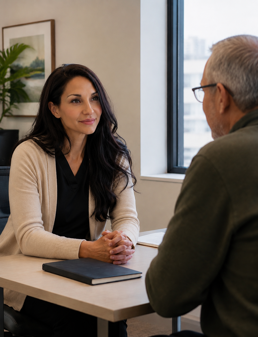 A woman with dark hair and a tan sweater sitting across from an older man with glasses and gray hair during a conversation in an office near a window.