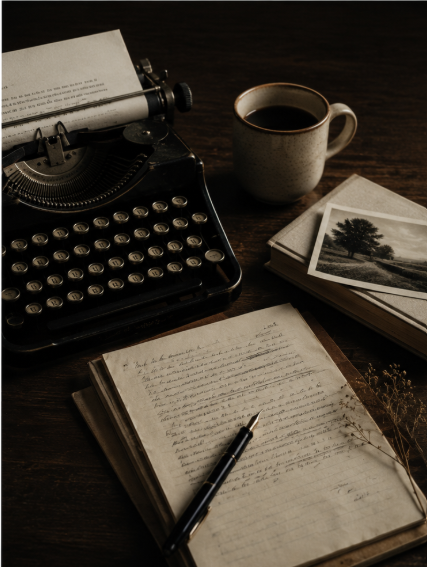 A vintage typewriter with a sheet of paper, a cup of coffee, a handwritten journal with a pen, and a stack of photographs on a wooden desk.