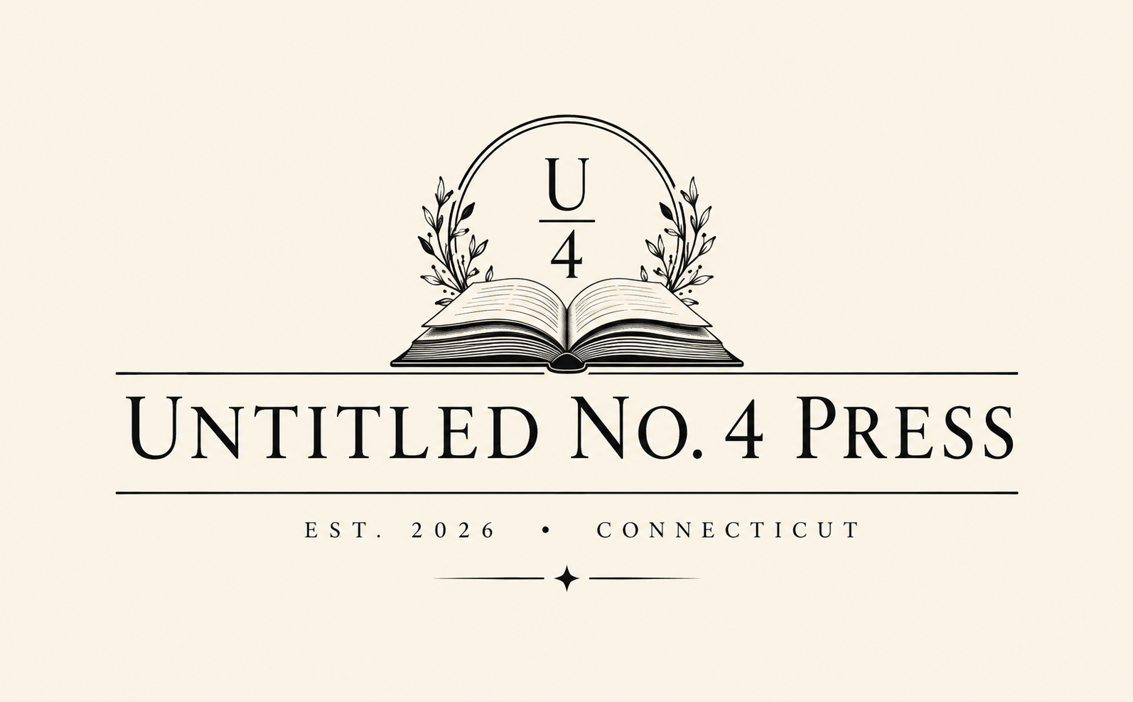 Logo for Untitled No. 4 Press featuring an open book with leaves and the text "U4" at the top, and details" EST. 2026 · Connecticut" underneath.